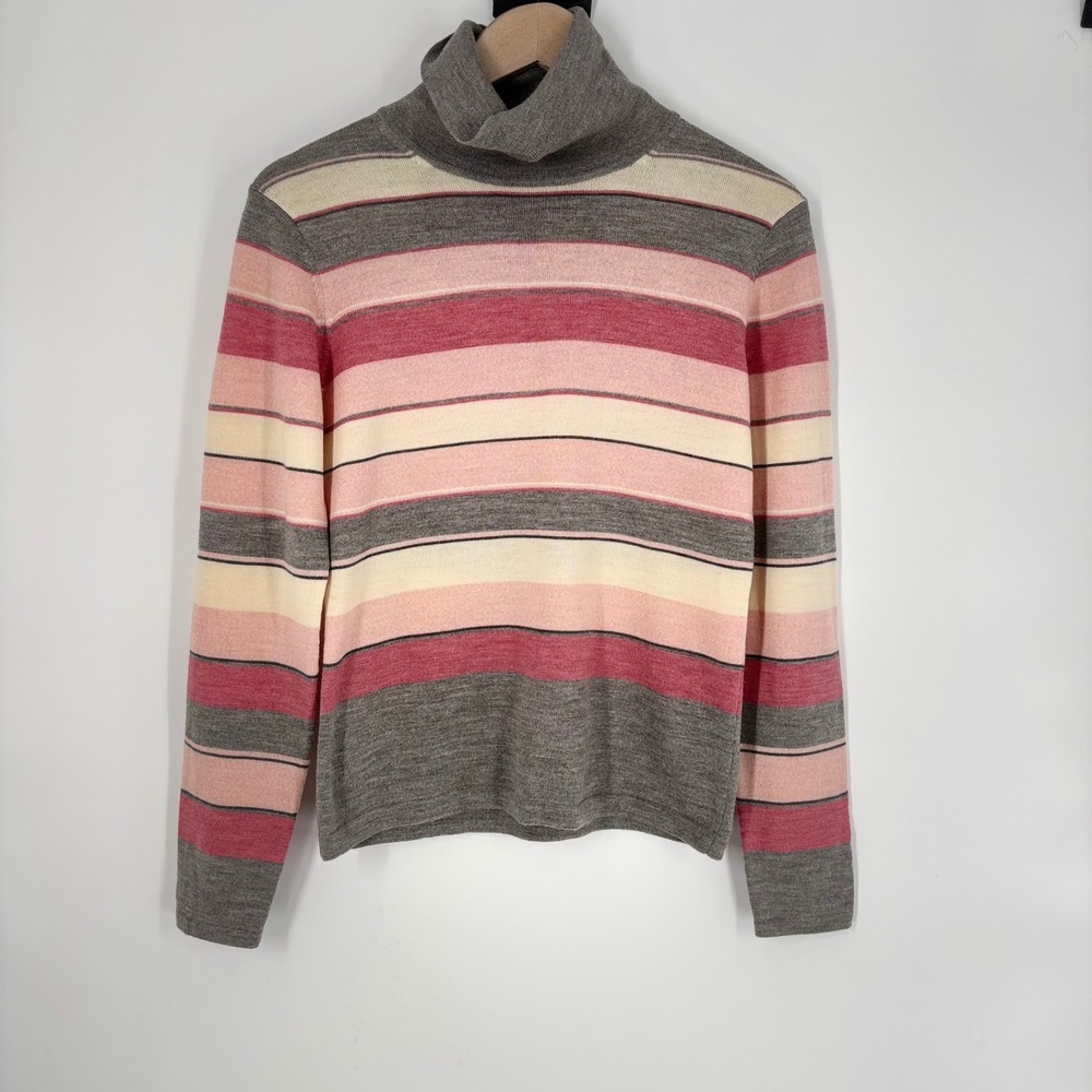 Brooks Brothers Merino Wool Striped Turtleneck Sweater Grey Pink Medium